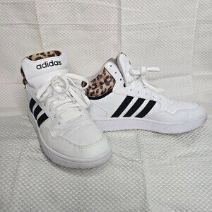 adidas White Sneakers with Black Stripes and Leopard Detail